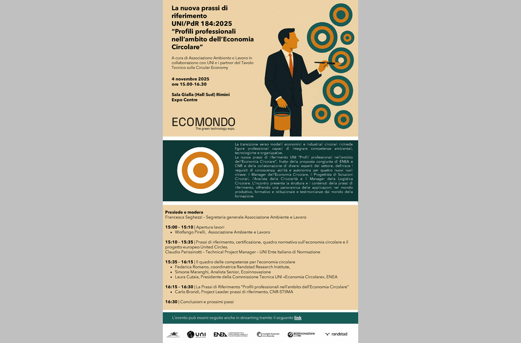 Ecomondo 2025, il nostro seminario “La nuova prassi di riferimento  UNI/PdR 184:2025 – Profili professionali nell’ambito dell’economia circolare” a Rimini il 4 novembre