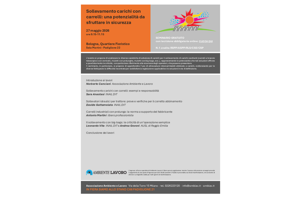 Seminario “Sollevamento carichi con carrelli: una potenzialità da sfruttare in sicurezza” – Bologna, 27 maggio 2026 (Ambiente Lavoro)