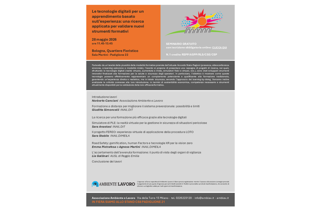 Seminario “Le tecnologie digitali per un apprendimento basato sull’esperienza: una ricerca applicata per validare nuovi strumenti formativi” – Bologna, 28 maggio 2026 (Ambiente Lavoro)