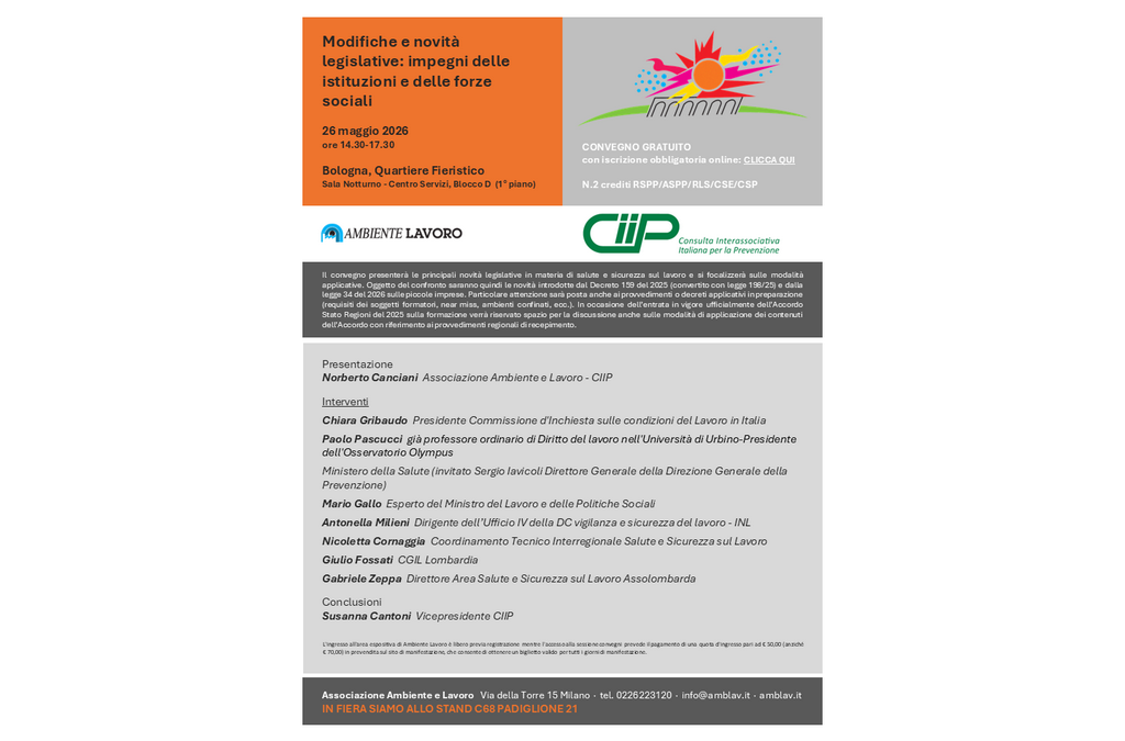 Convegno “Modifiche e novità legislative: impegni delle istituzioni e delle forze sociali” – Bologna, 26 maggio 2026 (Ambiente Lavoro)