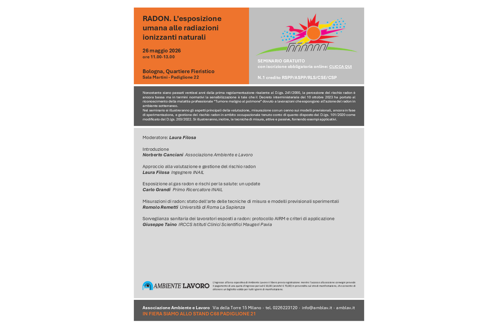 Seminario “Radon. L’esposizione umana alle radiazioni naturali” – Bologna, 26 maggio 2026 (Ambiente Lavoro)