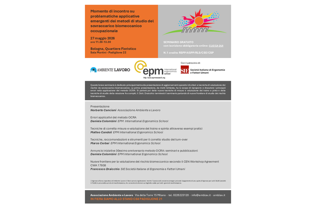 Seminario “Momento di incontro su problematiche applicative emergenti dei metodi di studio del sovraccarico biomeccanico occupazionale” – Bologna, 27 maggio 2026 (Ambiente Lavoro)