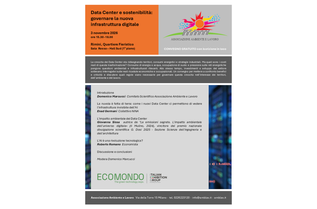 Ecomondo 2026, il nostro convegno “Data Center e sostenibilità: governare la nuova infrastruttura digitale” a Rimini il 3 novembre